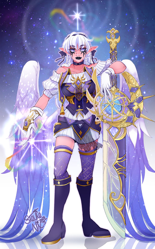 Aurora in her captains outfit of purple and white. She has large white starling wings and she's holding out her arm holding a rainbow colored star while the other arm rests on her broadsword. she has white hair, peach skin, and black stars over her eyes.