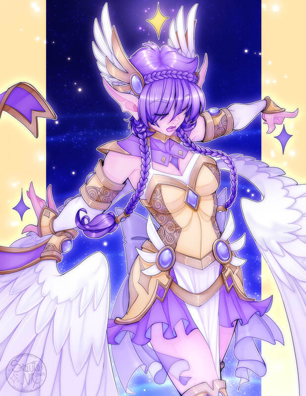 A purple and gold themed Starling aka winged star elf. They have white winges, and seem to be spinning in space, holding two purple stars.