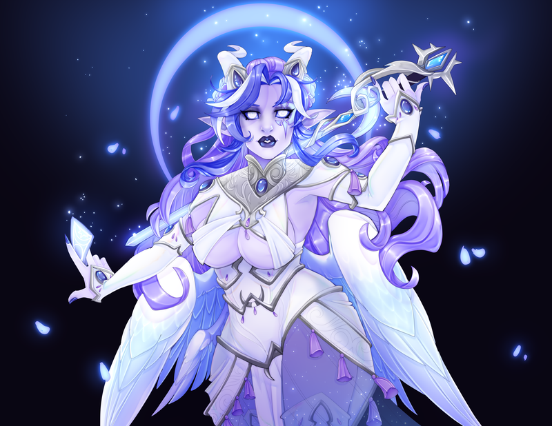 Dione Moonshine with her singing sword, holding a tarot card. She has purple skin, purple hair, white horns and a white outfit with 4 white wings. behind her is a backdrop of black, a light blue crescent moon and magic purple rose petals falling around her.