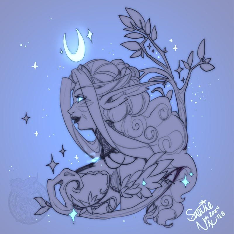 a profile bust sketch of an elf. there is a crescent moon crown glowing above her head and a tree branch border