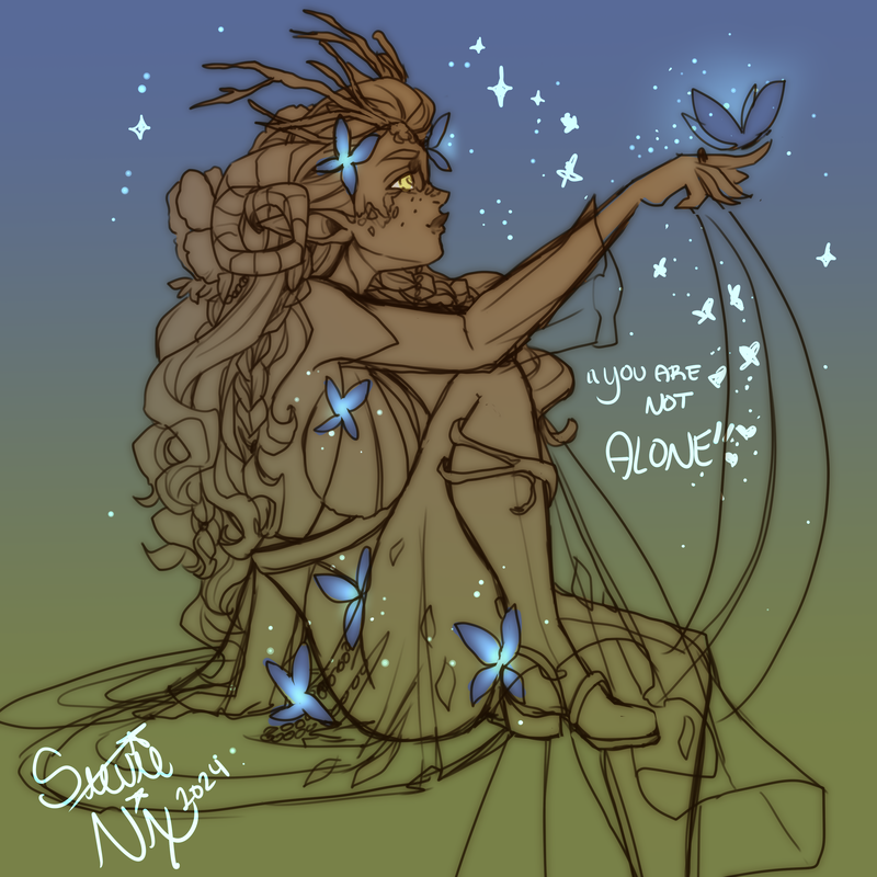 An elf, sitting with her knee tucked in and holding out her hand to let an ethereal butterfly land on it