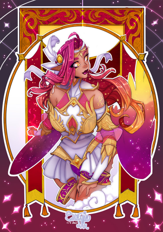 Nova in a Starling outfit with her pink and gold phoenix wings. around her is an art nouveau border