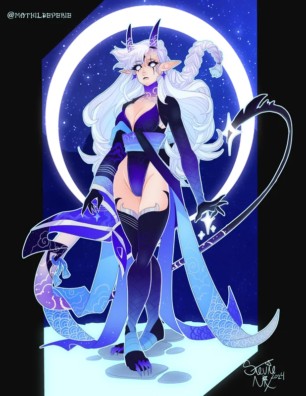 A white haired succubus with purple, blue, black themed kimono. they have a tail that seems to be "stabbing" a star and behind them is a crescent moon